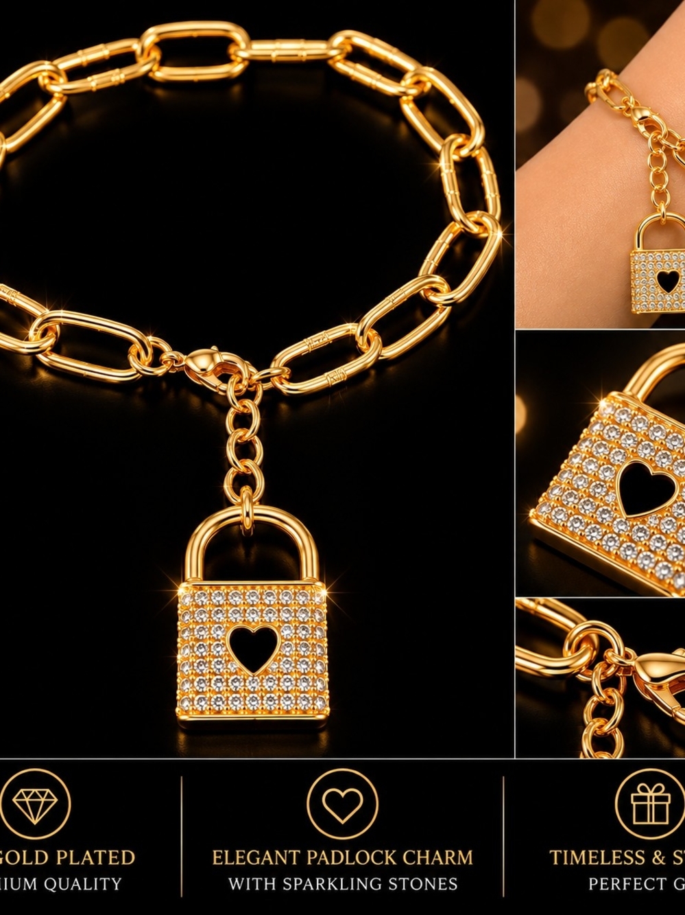 Gold Padlock Charm Bracelet with Sparkling Stones - Women's Jewelry